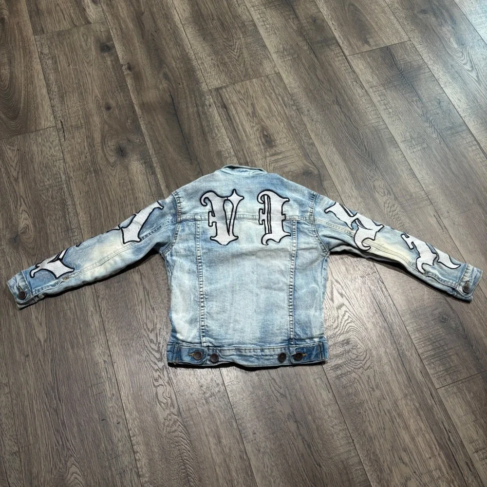Evolution In Design‎ Denim Jacket Kids Size 5 Blue Gothic Patch Distressed